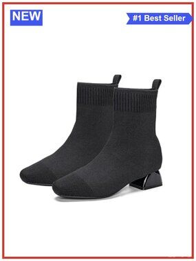 Women's Knit Ankle Boots Pointed Toe Slip-On Block Heel Fall Booties